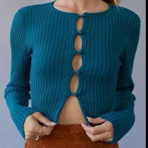 UO Teal Peyton Fitted Cropped Cardigan